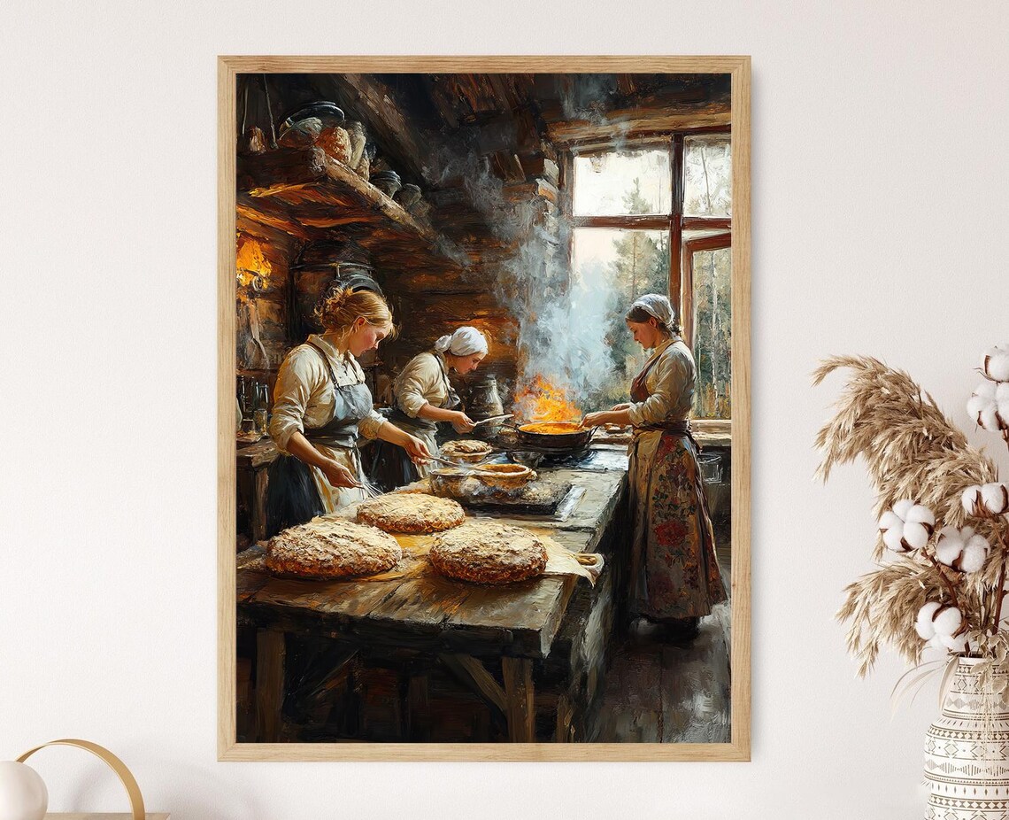Rustic Russian Kitchen Bread Making Art Print