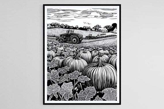 Pumpkin Patch Harvest Tractors Black White Linocut Art Poster