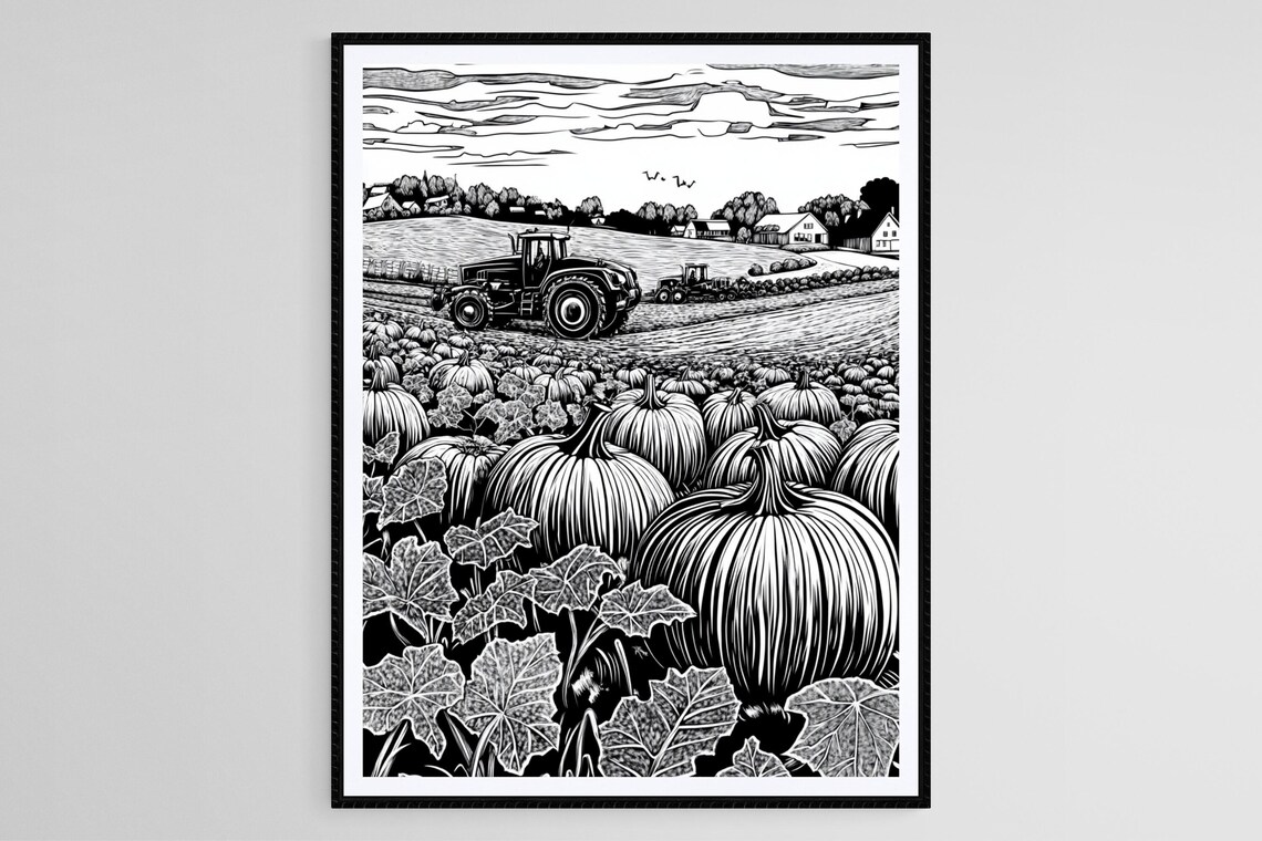 Pumpkin Patch Harvest Tractors Black White Linocut Art Poster