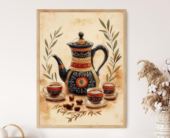 Lebanese Coffee Pot Illustration Rakweh Kitchen Art Print Middle Eastern Decor Earthy Motif Artwork