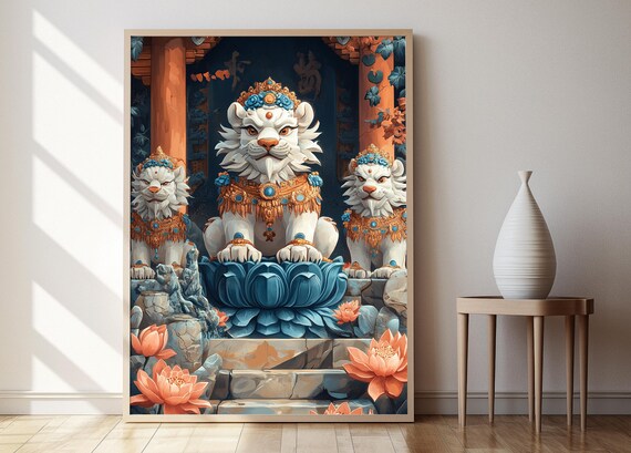 Three White Snow Lion Statues on a Blue Lotus Pedestal Poster