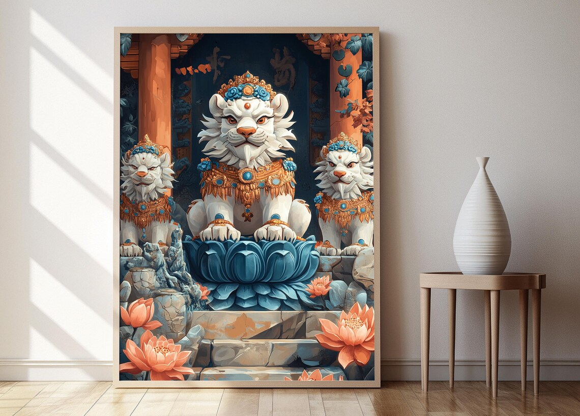 Three White Snow Lion Statues on a Blue Lotus Pedestal Poster