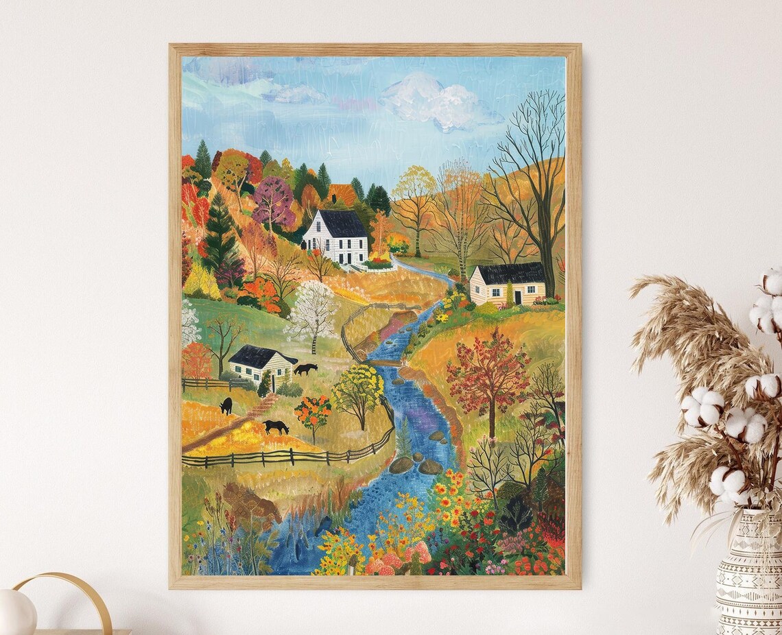 Charming Rural Landscape, Grandma Moses-Inspired Art Print