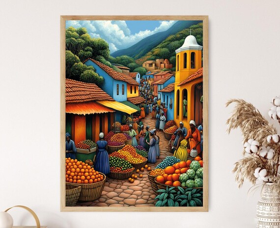 Lesotho Marketplace Illustration Colorful Farm Market Painting African Fruit Art Wall Art For Kitchen African Restaurant Decor