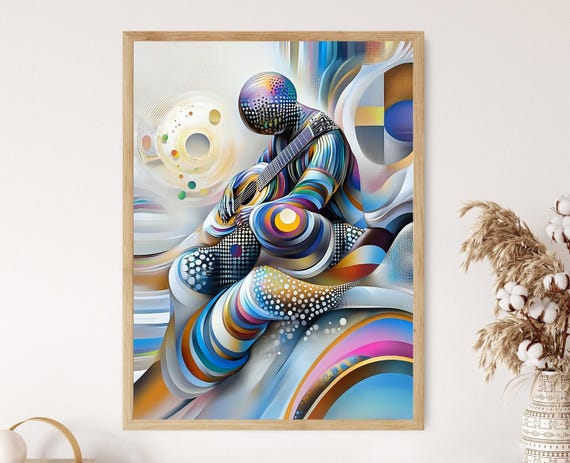 Cubist Guitarist Art Print Abstract Musician Illustration Futuristic Geometric Wall Decor