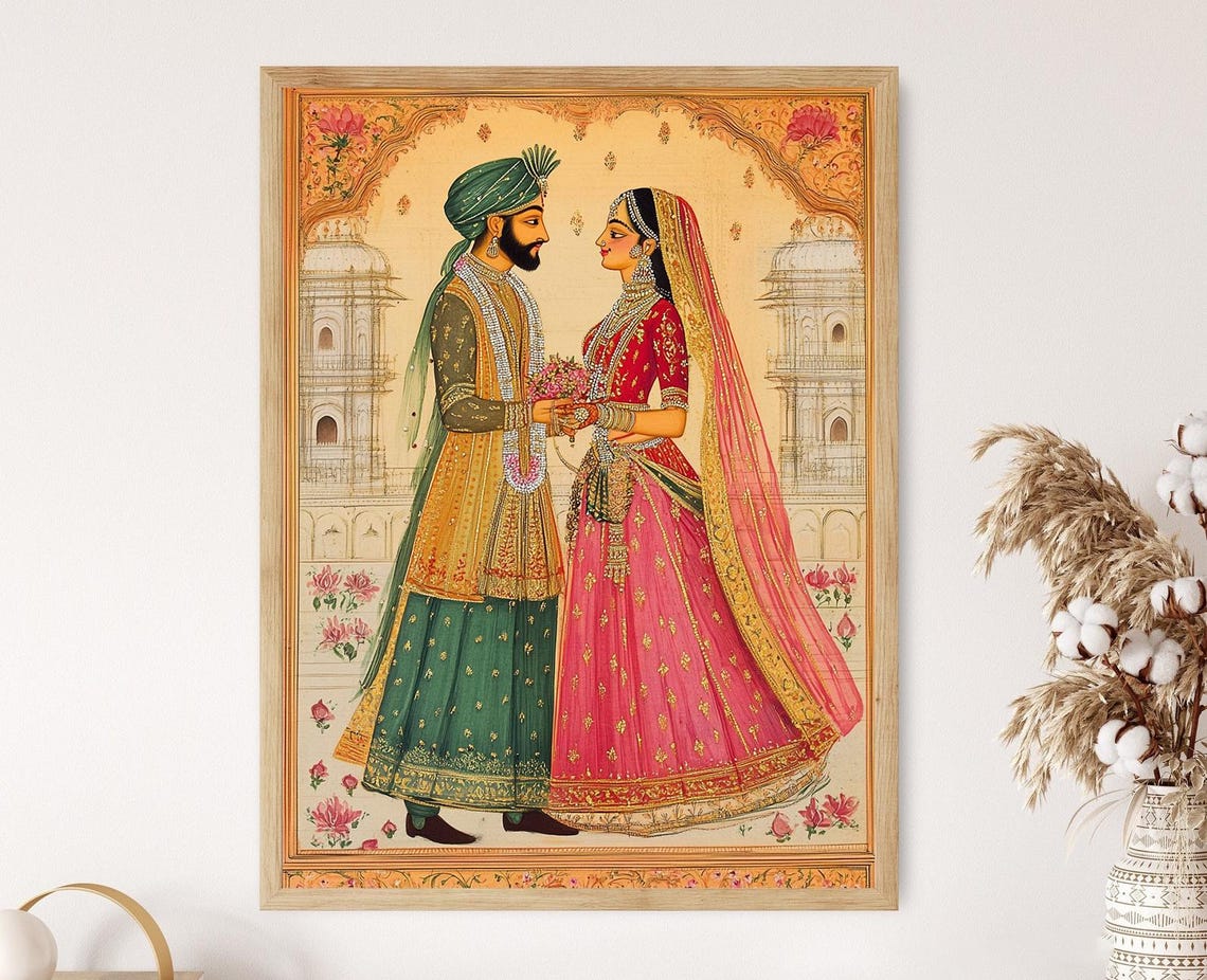 Indian Wedding Ceremony Miniature Print Antique Traditional Painting Cultural Artwork