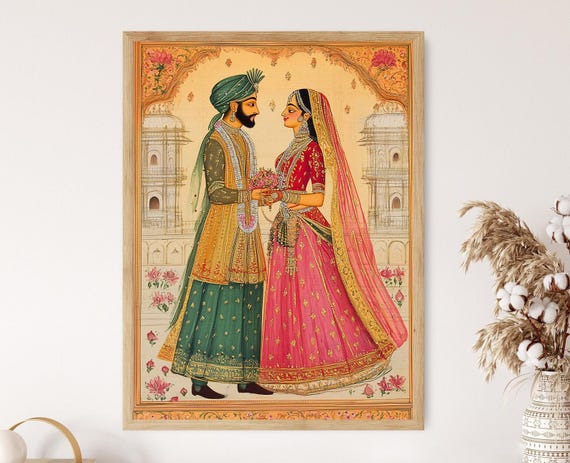 Indian Wedding Ceremony Miniature Print Antique Traditional Painting Cultural Artwork