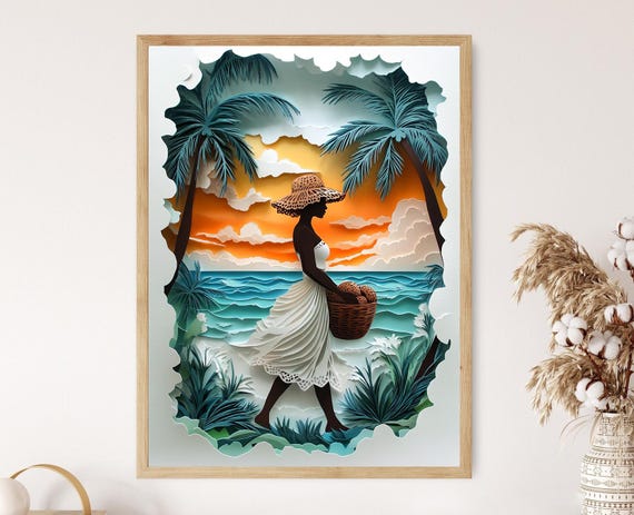 Coconut Basket Art Print, Barbados Woman Illustration