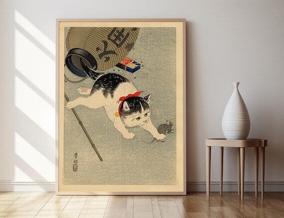 Ohara Koson Cat Catching Mouse Lantern Playful Japanese Poster
