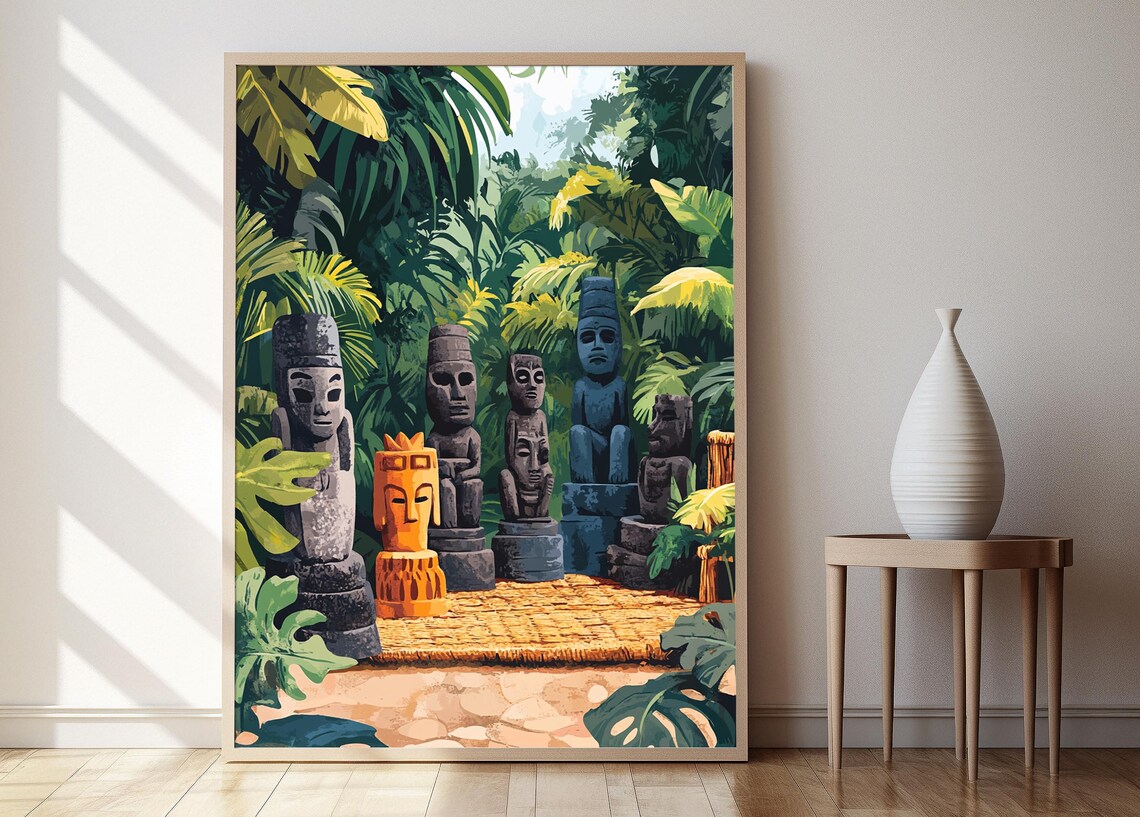 African Stone Carving Illustration Fertility Statue And Animal Figurine Art Print