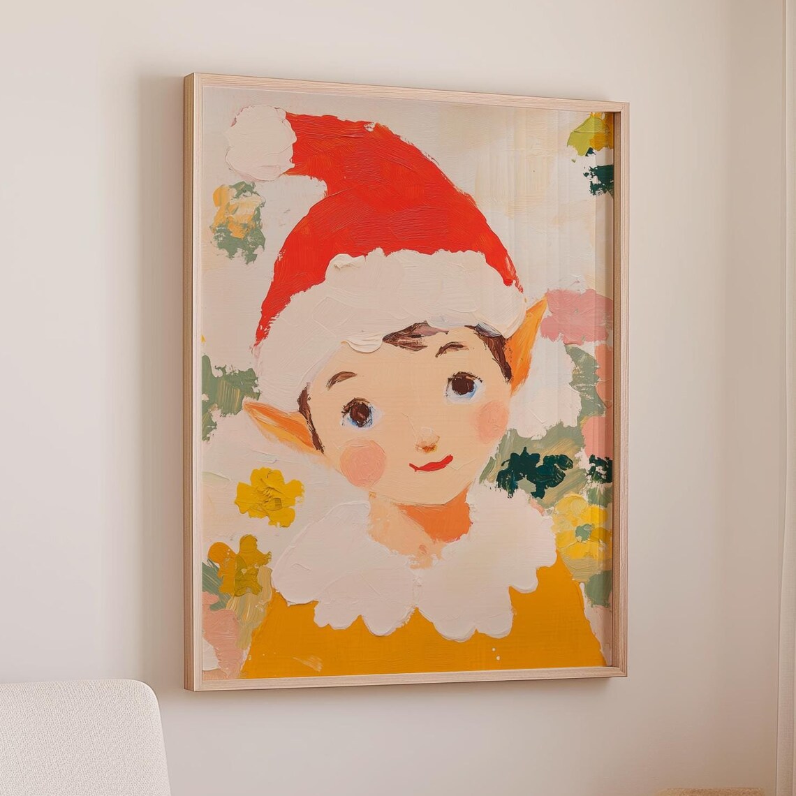 Cheerful Christmas Elf In Santa Hat Floral Oil Painting Poster