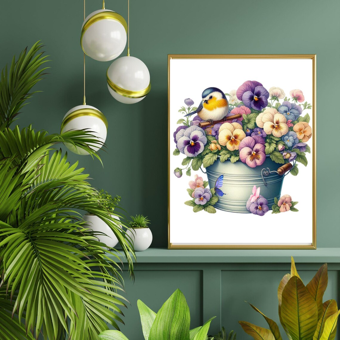 Songbird Perched on a Bucket of Colorful Pansies Floral Poster - Image 3