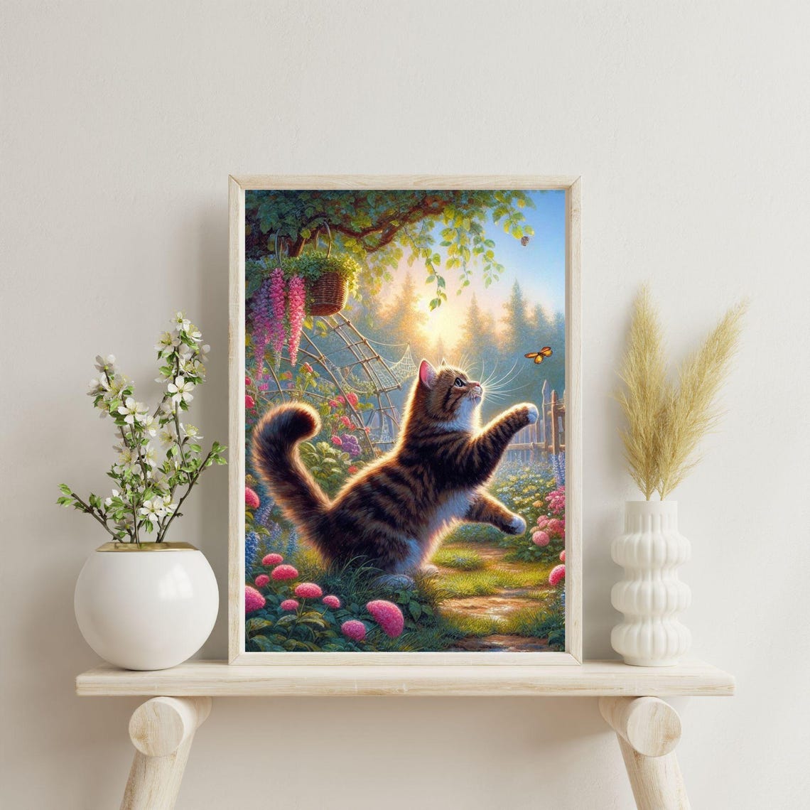 Playful Tabby Cat Chasing A Butterfly In A Blooming Garden Poster - Image 3