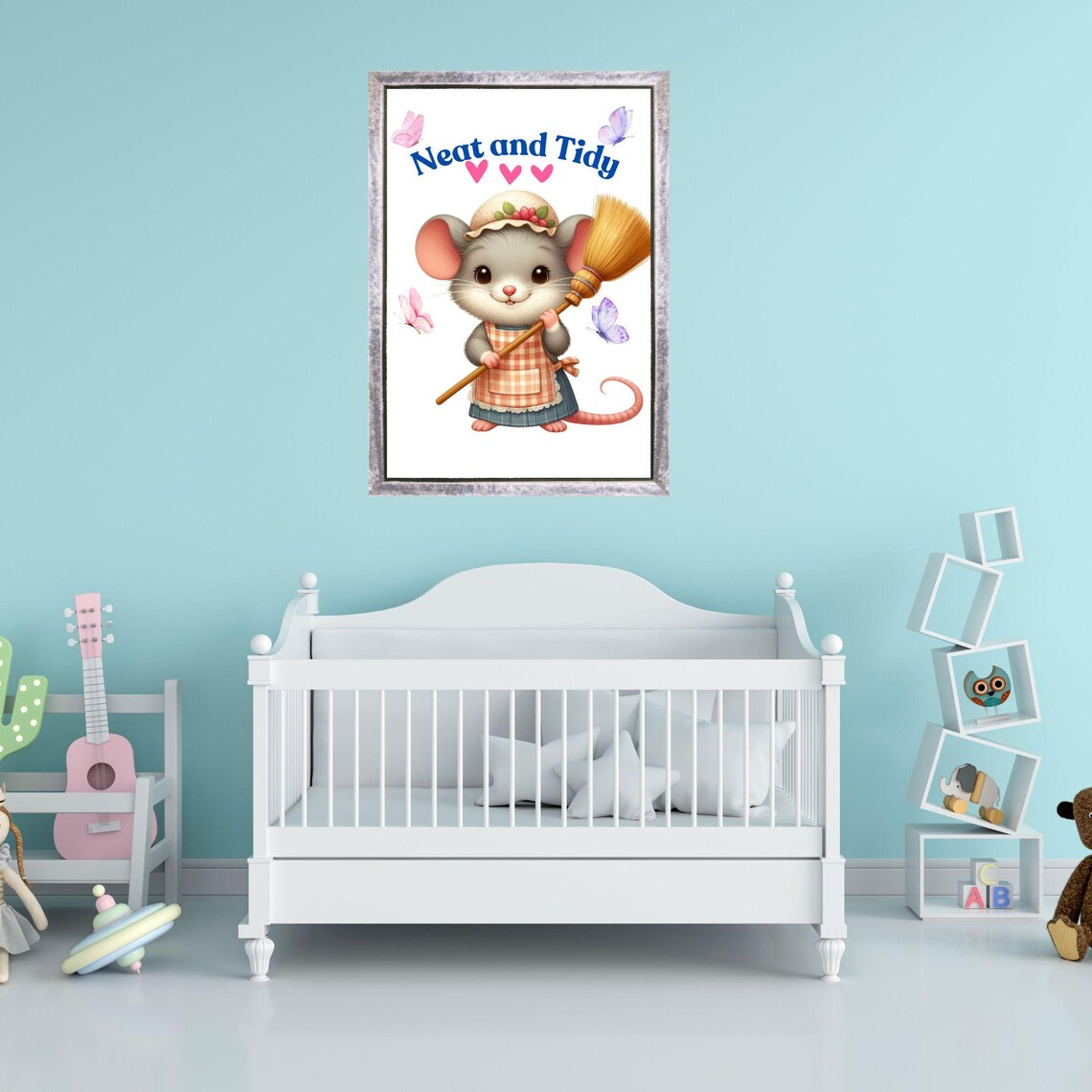 Neat and Tidy Mouse in Apron Holding a Broom With Butterflies Poster