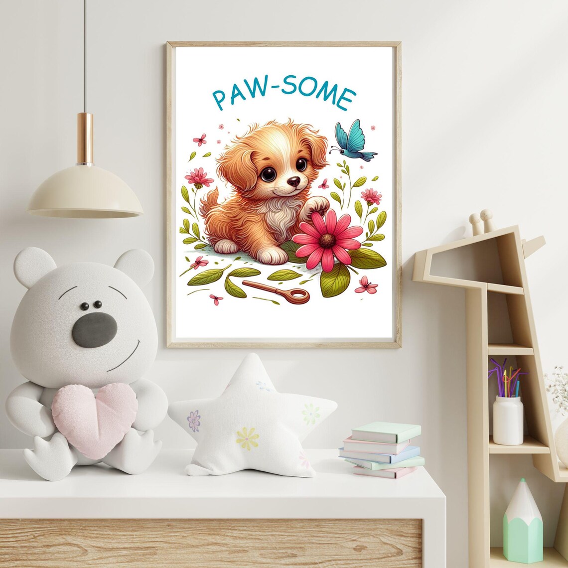 Paw-some Puppy With Flowers and Butterfly in Kids Room Poster - Image 2