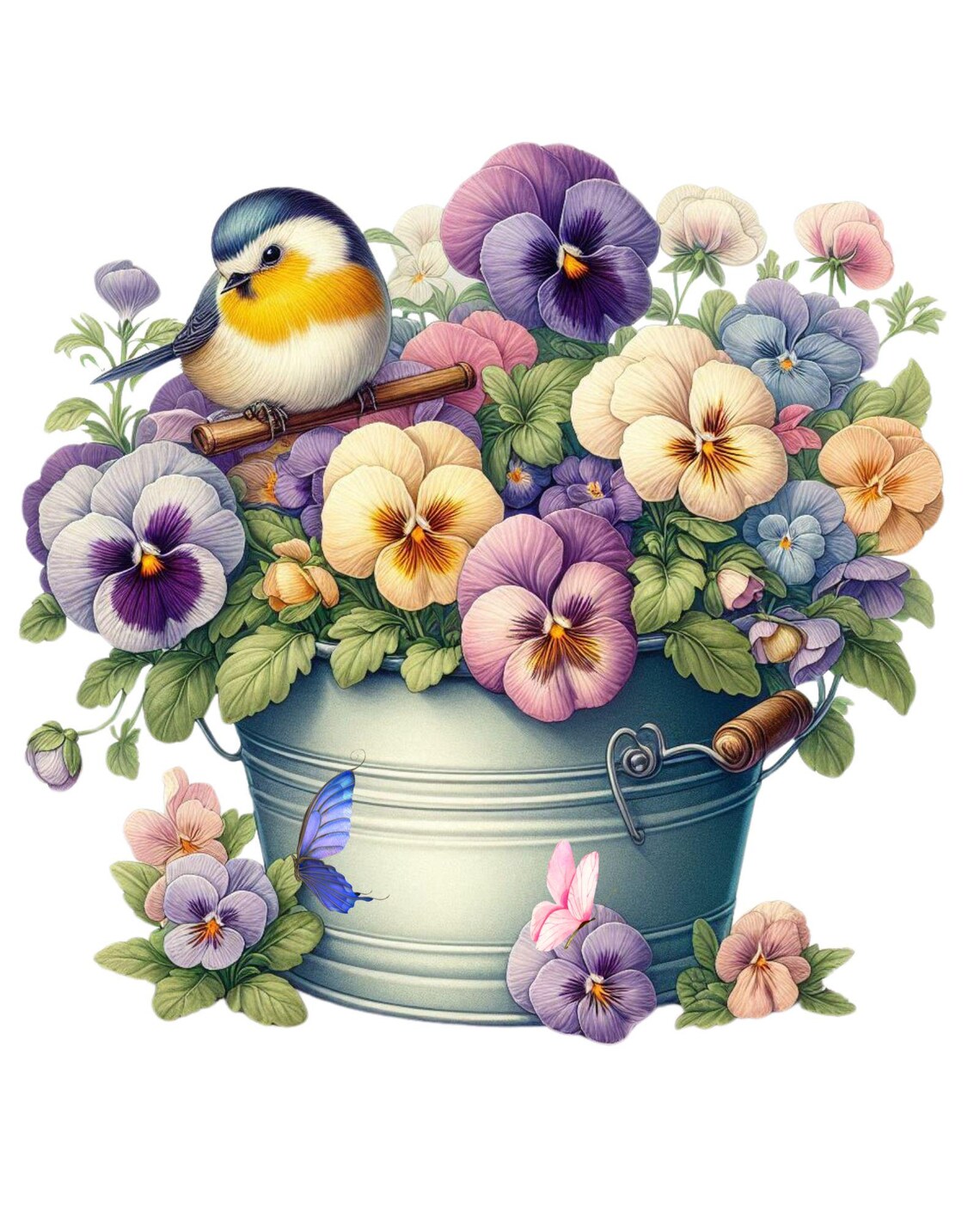 Songbird Perched on a Bucket of Colorful Pansies Floral Poster - Image 5