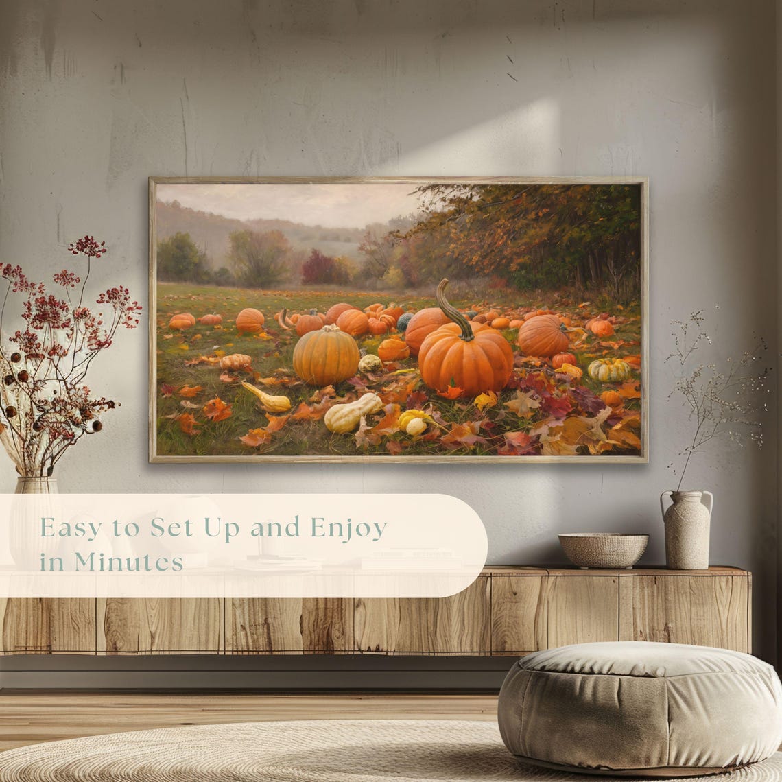 Pumpkin Patch with Gourds Autumn Leaves Misty Hillside Poster - Image 5
