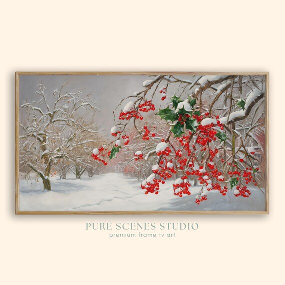 Red Winter Berries On Snow Covered Branches Vintage Botanical Poster
