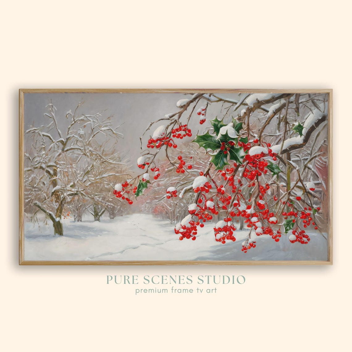 Red Winter Berries On Snow Covered Branches Vintage Botanical Poster