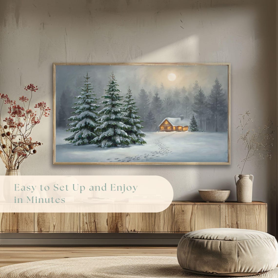Glowing Log Cabin Snowy Forest Moonlit Night Vintage Winter Poster - Image 5