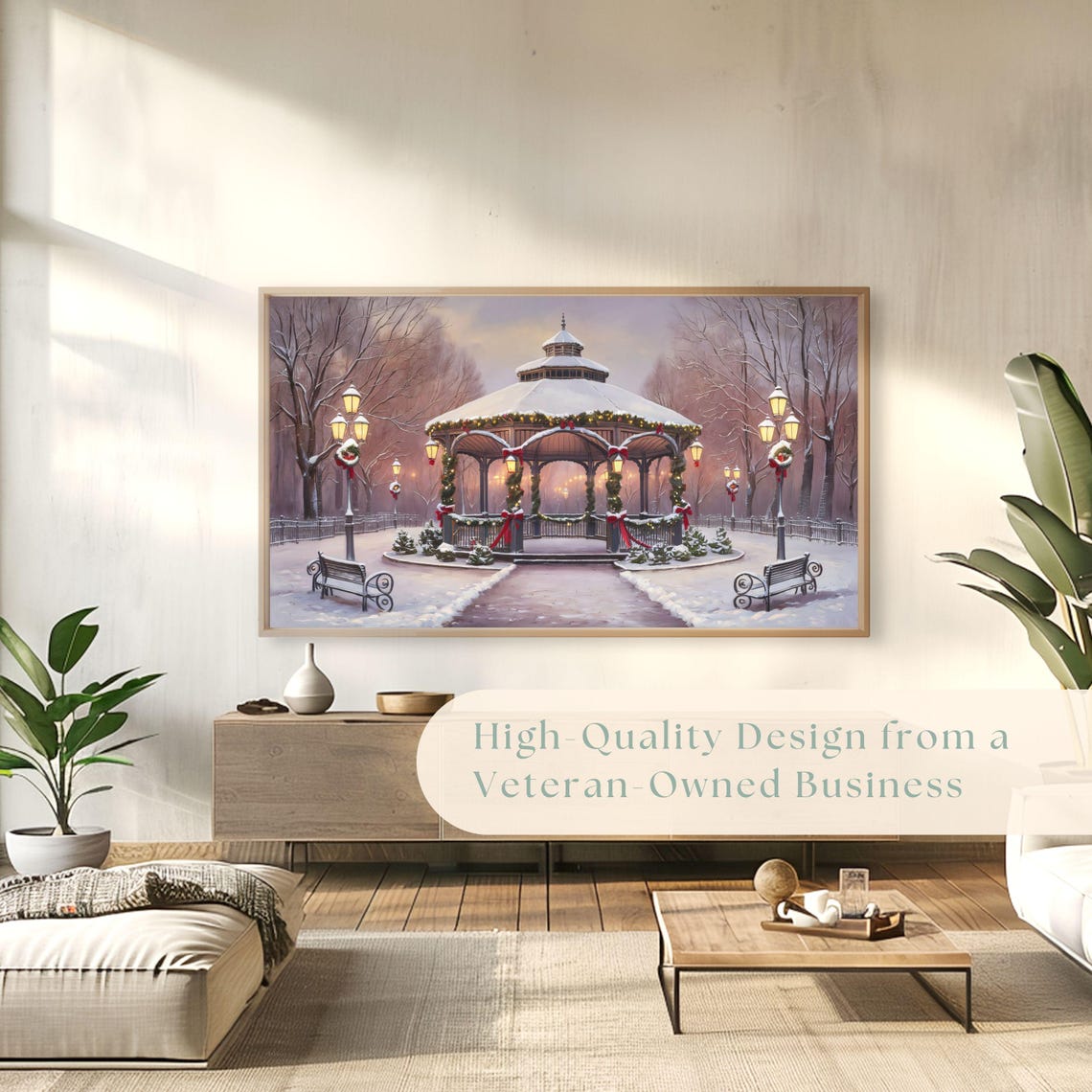 Snow Covered Victorian Park Gazebo Christmas Eve Night Scene Poster - Image 4
