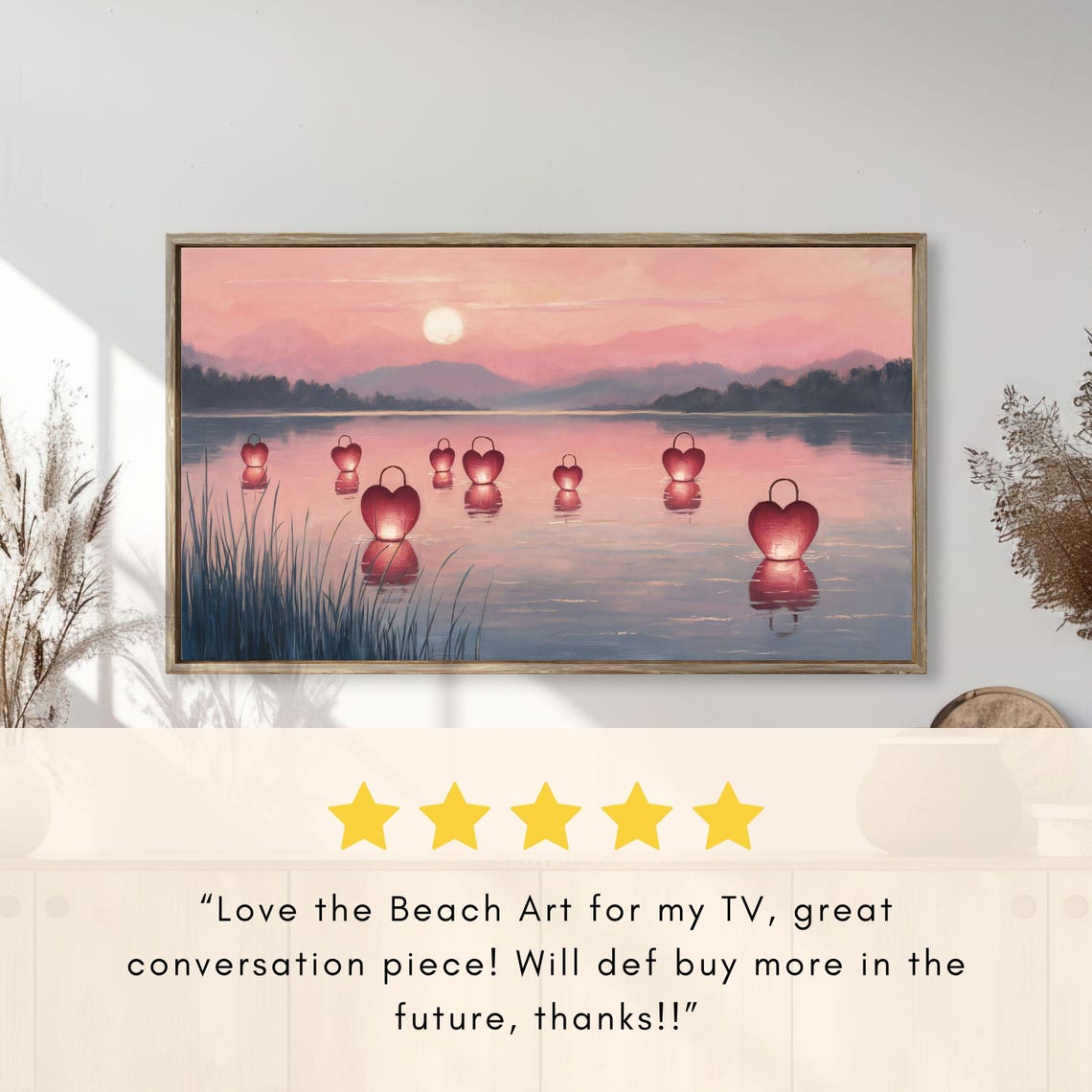 Heart Lanterns Floating Lake Pink Sunset Romantic Painting Poster - Image 2