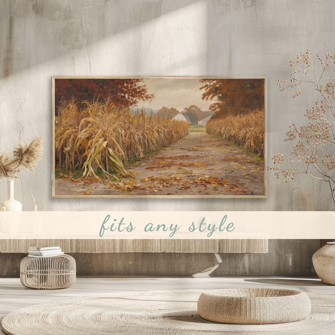 Corn Stalks Lining Rural Path to Farmhouse Autumn Harvest Poster - Image 3