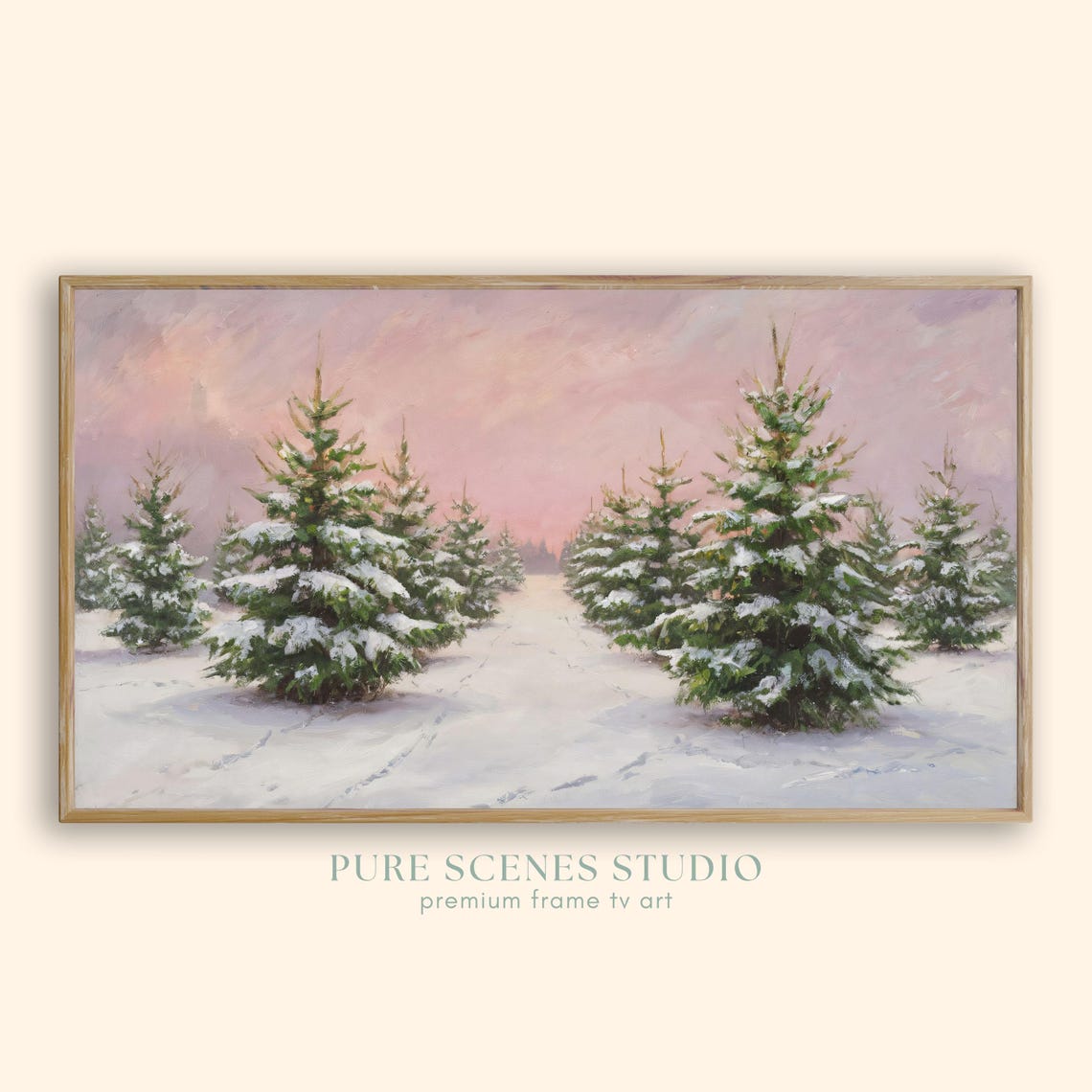 Snowy Christmas Tree Farm Rows Under Pink Sunset Winter Evening Poster