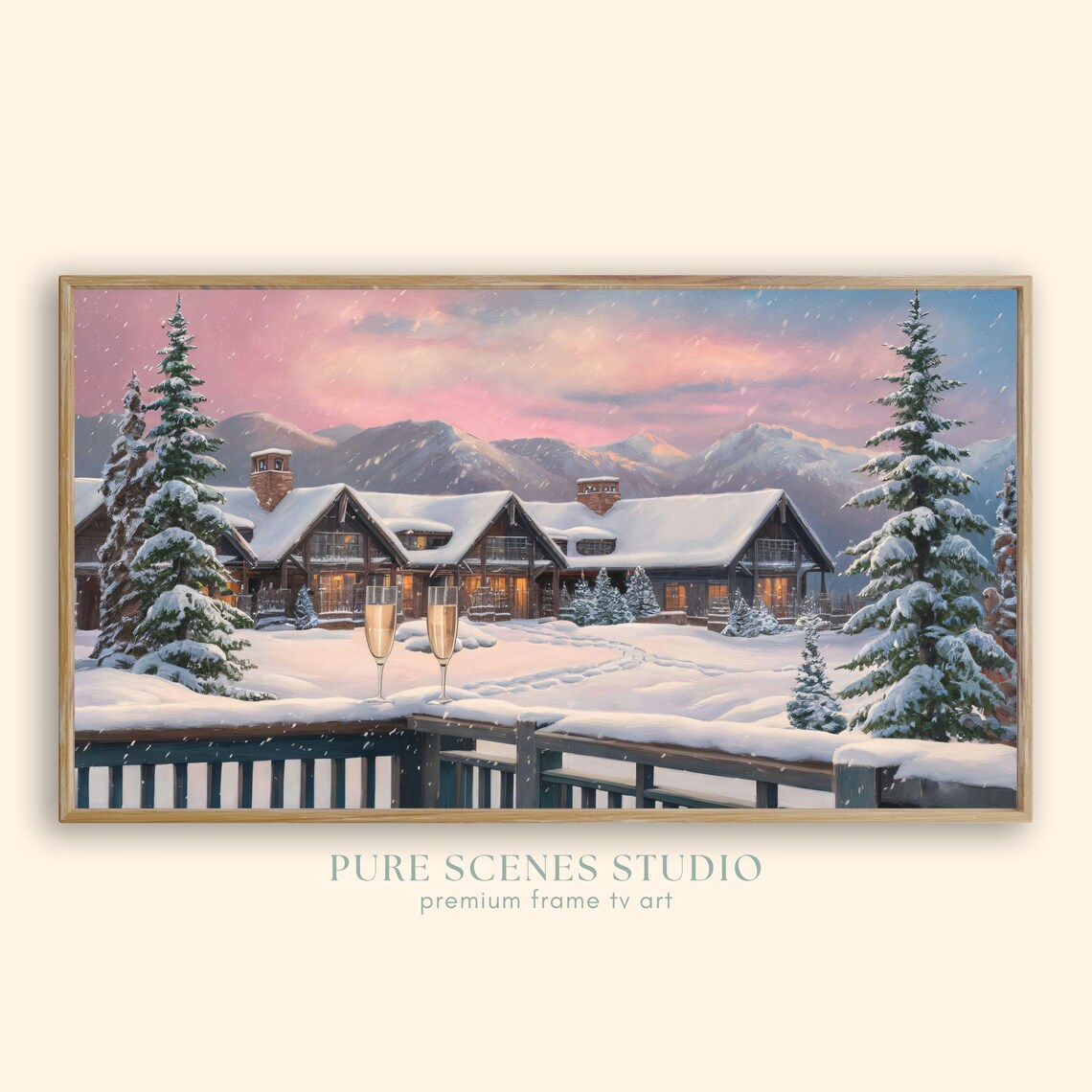Snowy Mountain Lodge Champagne Glasses Winter Holiday Dusk Poster