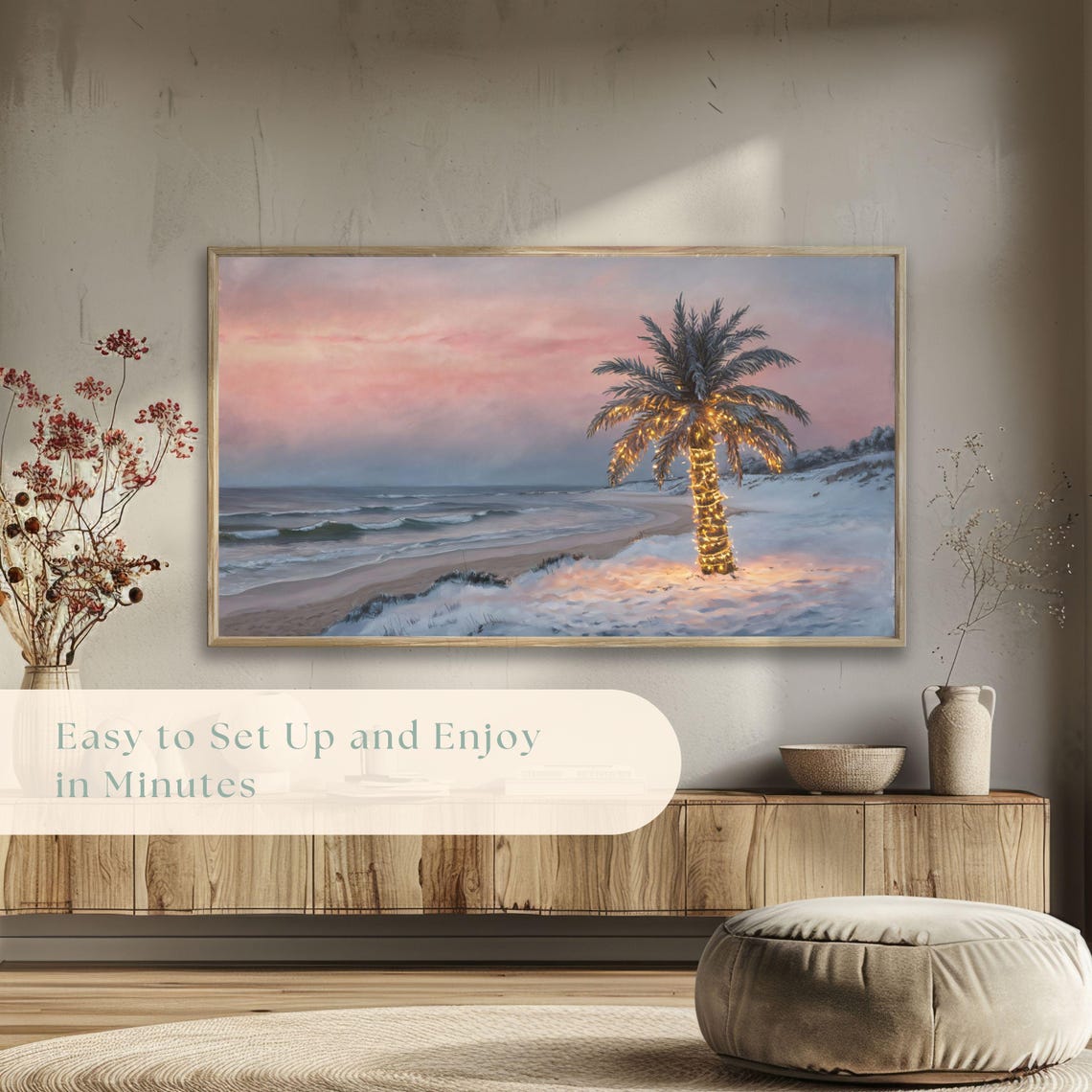 Palm Tree Fairy Lights Snowy Beach Christmas Sunset Holiday Poster - Image 5