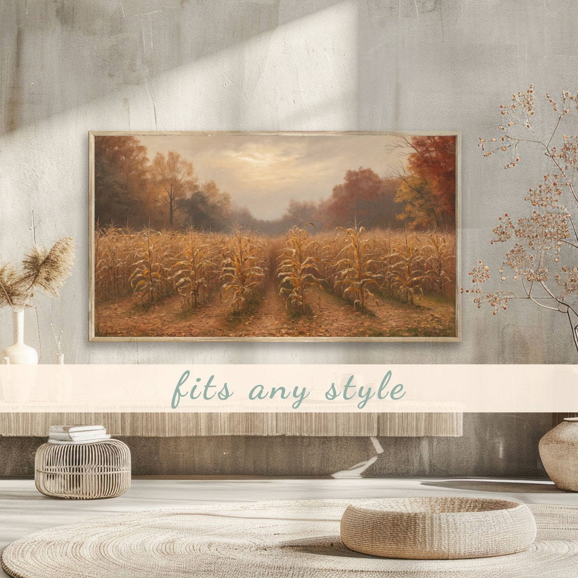 Autumn Cornfield Rows at Dawn Vibrant Fall Foliage Trees Poster - Image 3