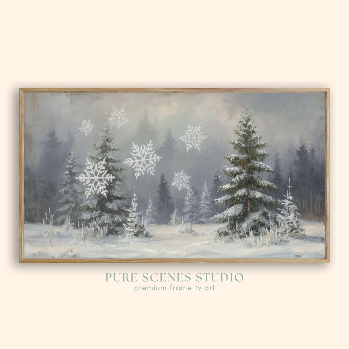 Snowy Pine Forest With Giant Snowflakes Misty Mountains Winter Poster