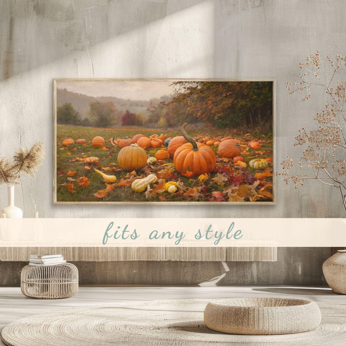 Pumpkin Patch with Gourds Autumn Leaves Misty Hillside Poster - Image 3