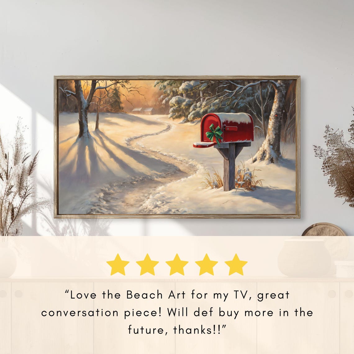Red Mailbox Green Bow Snowy Woods Golden Light Painting Poster - Image 2