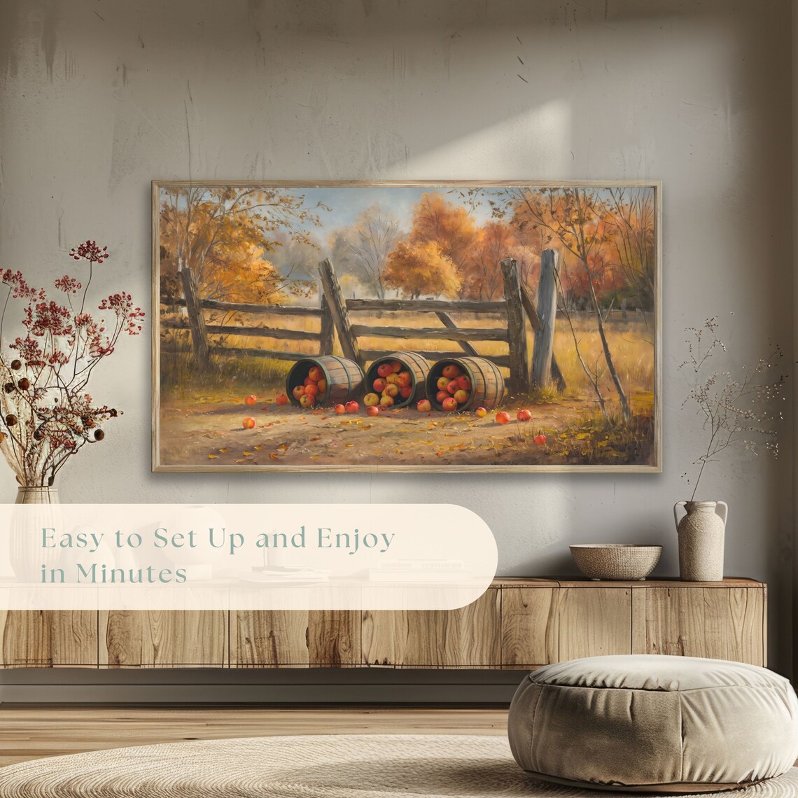 Apple Barrels Resting by Rustic Wooden Fence Autumn Farm Poster - Image 5
