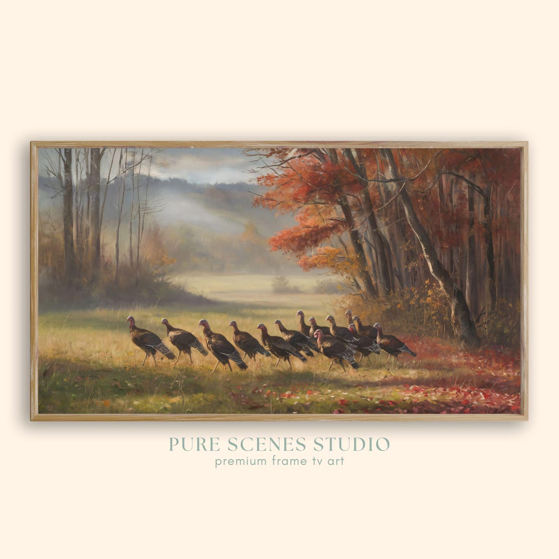 Wild Turkey Flock Autumn Meadow Fall Foliage Painting Poster