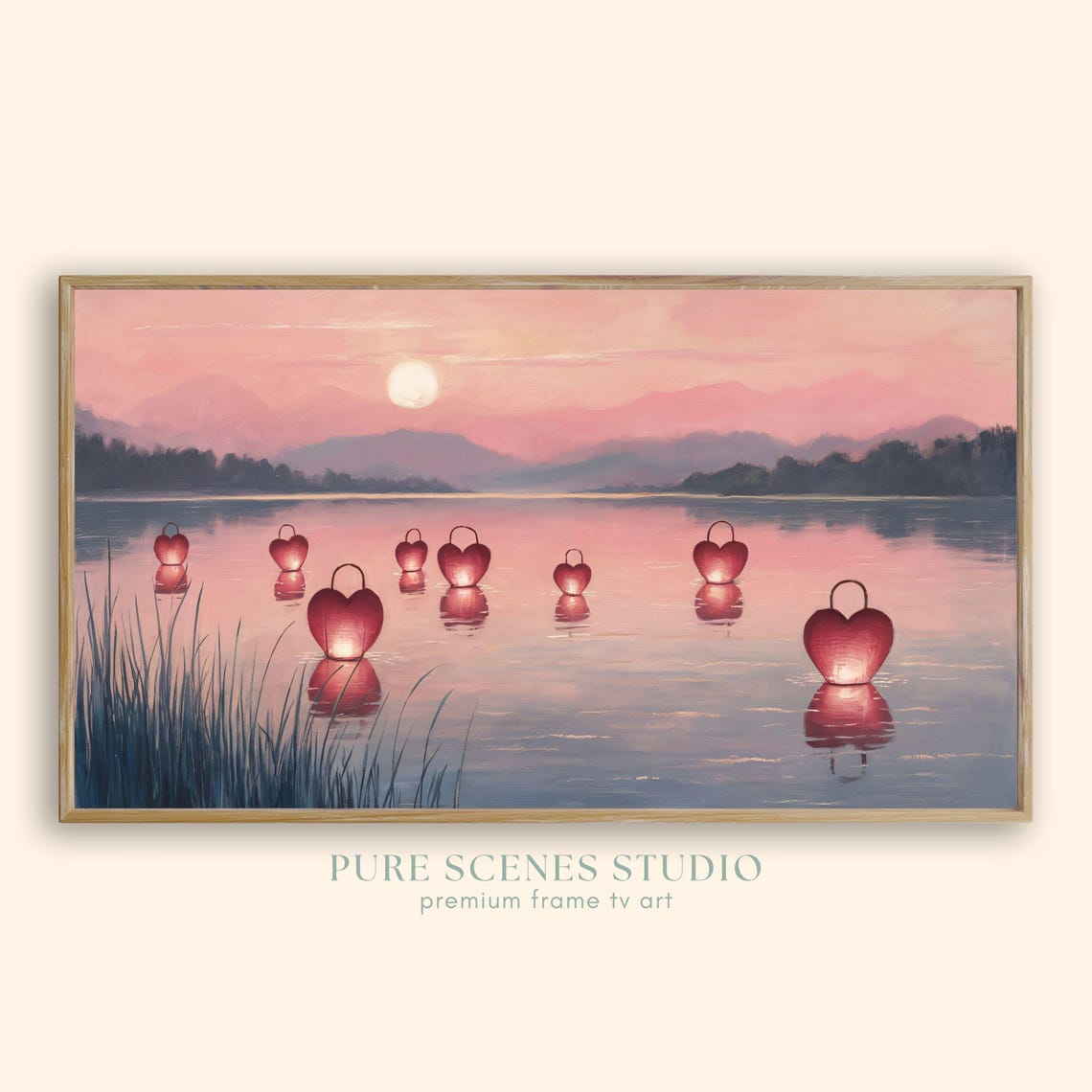 Heart Lanterns Floating Lake Pink Sunset Romantic Painting Poster
