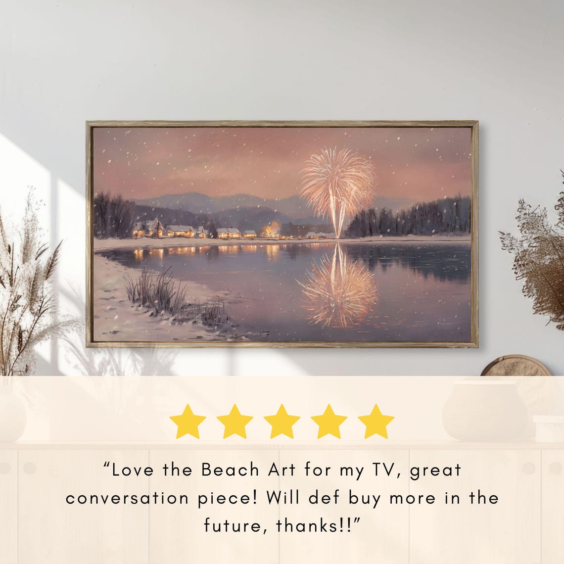 Snowy Lake Fireworks Reflection Village Winter Painting Poster - Image 2