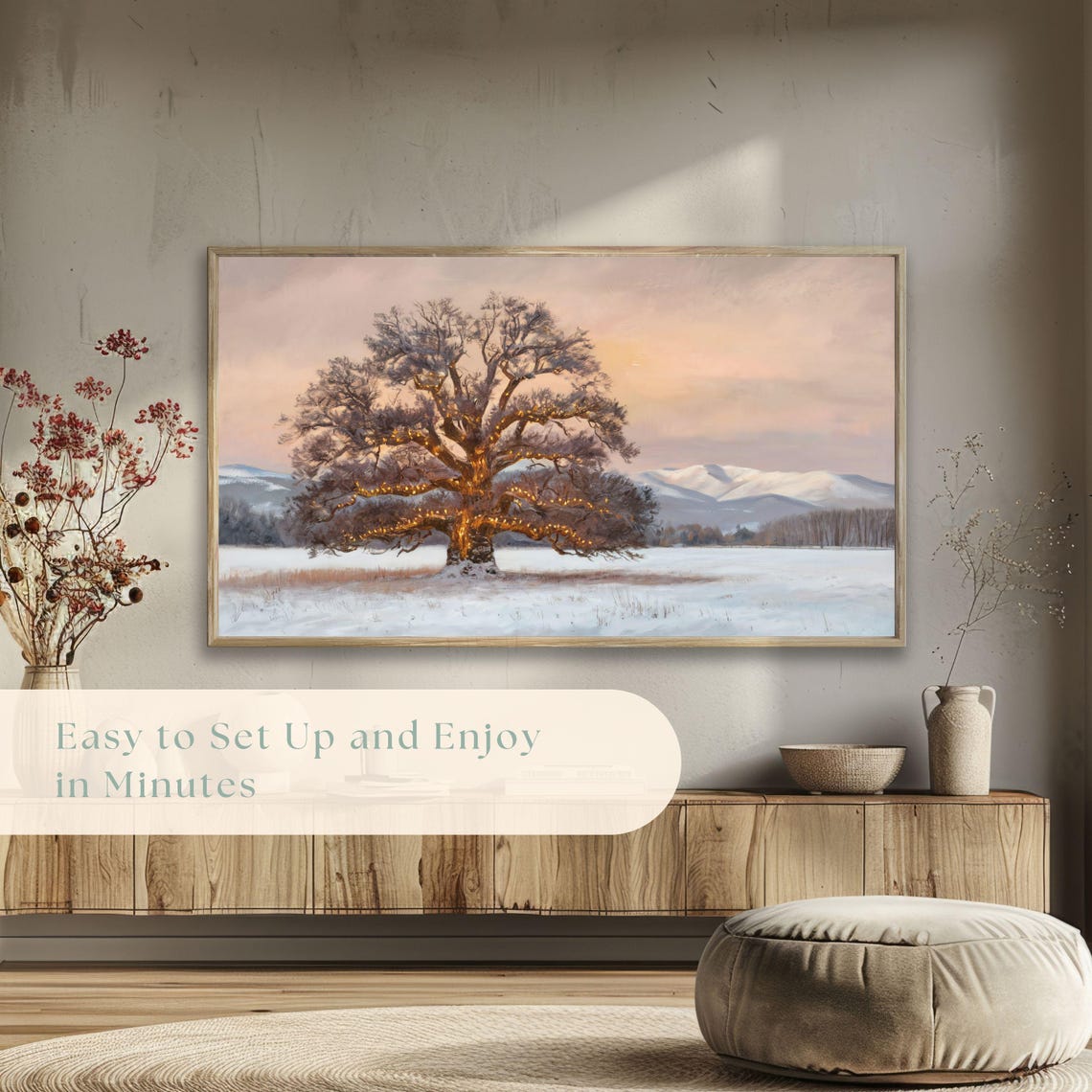 Frosty Oak String Lights Snowy Field Mountain Winter Dusk Poster - Image 5