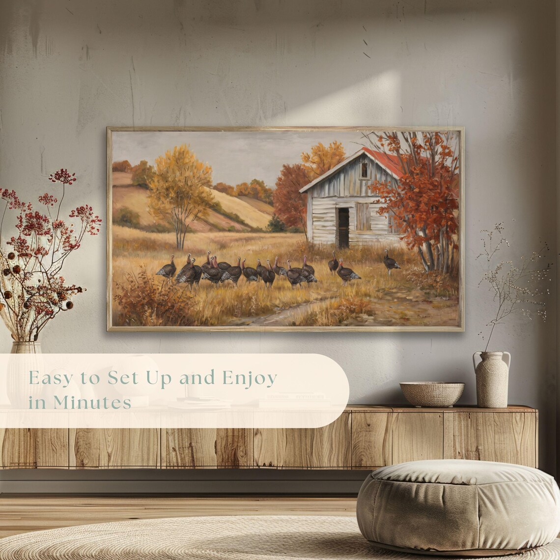 Wild Turkeys Near Rustic Farmhouse Autumn Thanksgiving Landscape Poster - Image 5