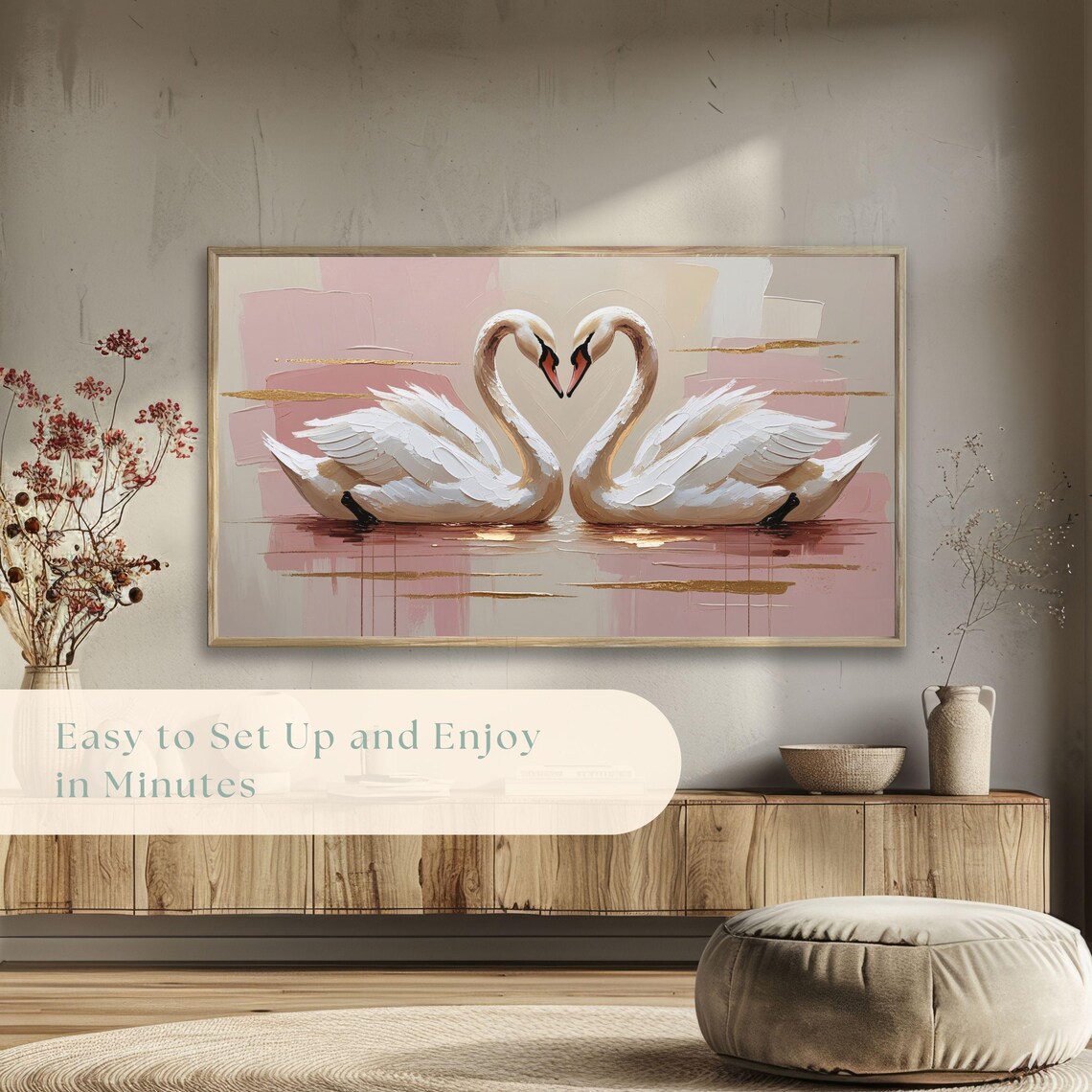 White Swans Heart Necks Romantic Pink Floral Painting Poster - Image 5