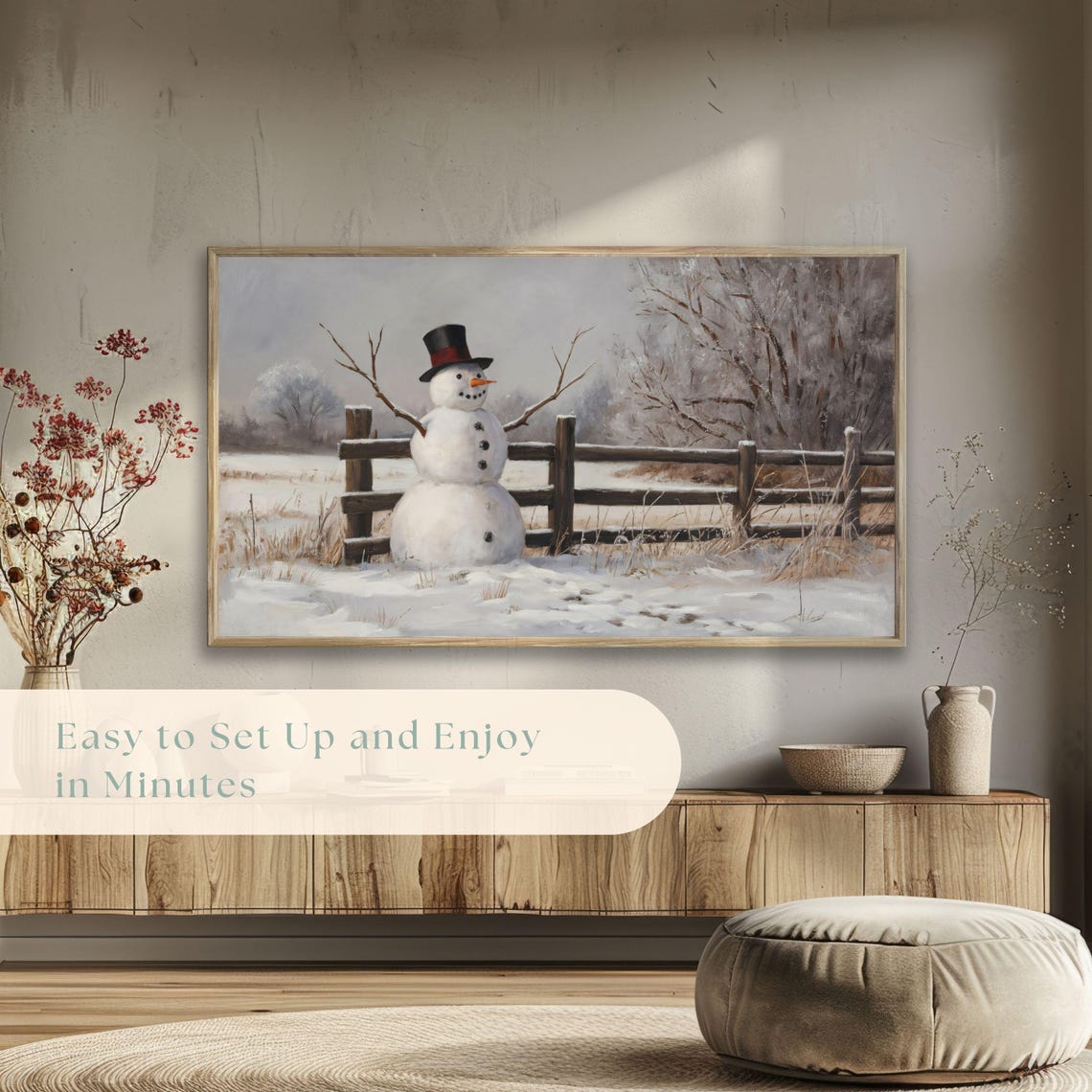 Cheerful Snowman In Top Hat By Snowy Fence Winter Painting Poster - Image 5