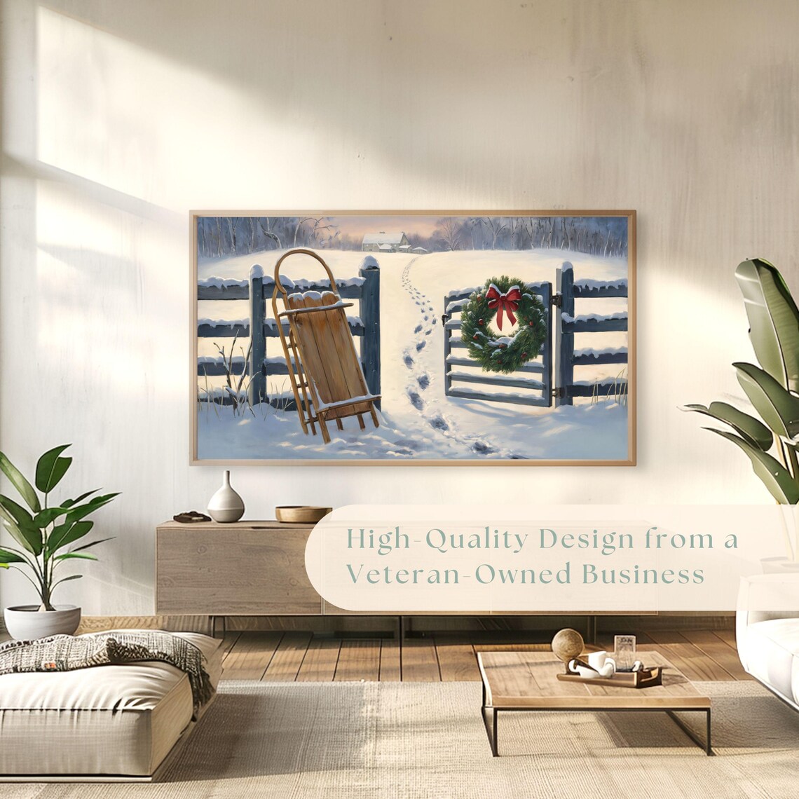 Vintage Wooden Sled Snowy Fence Wreath Winter Painting Poster - Image 4