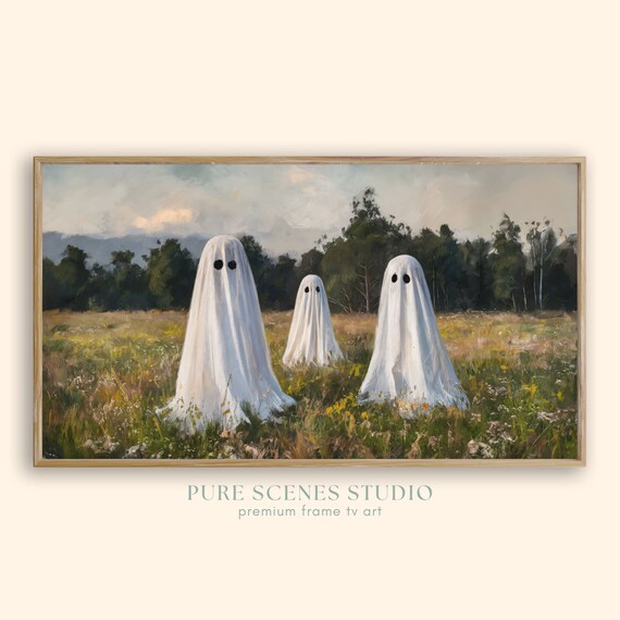 Three Friendly Sheet Ghosts Standing In Sunny Meadow Vintage Painting Poster