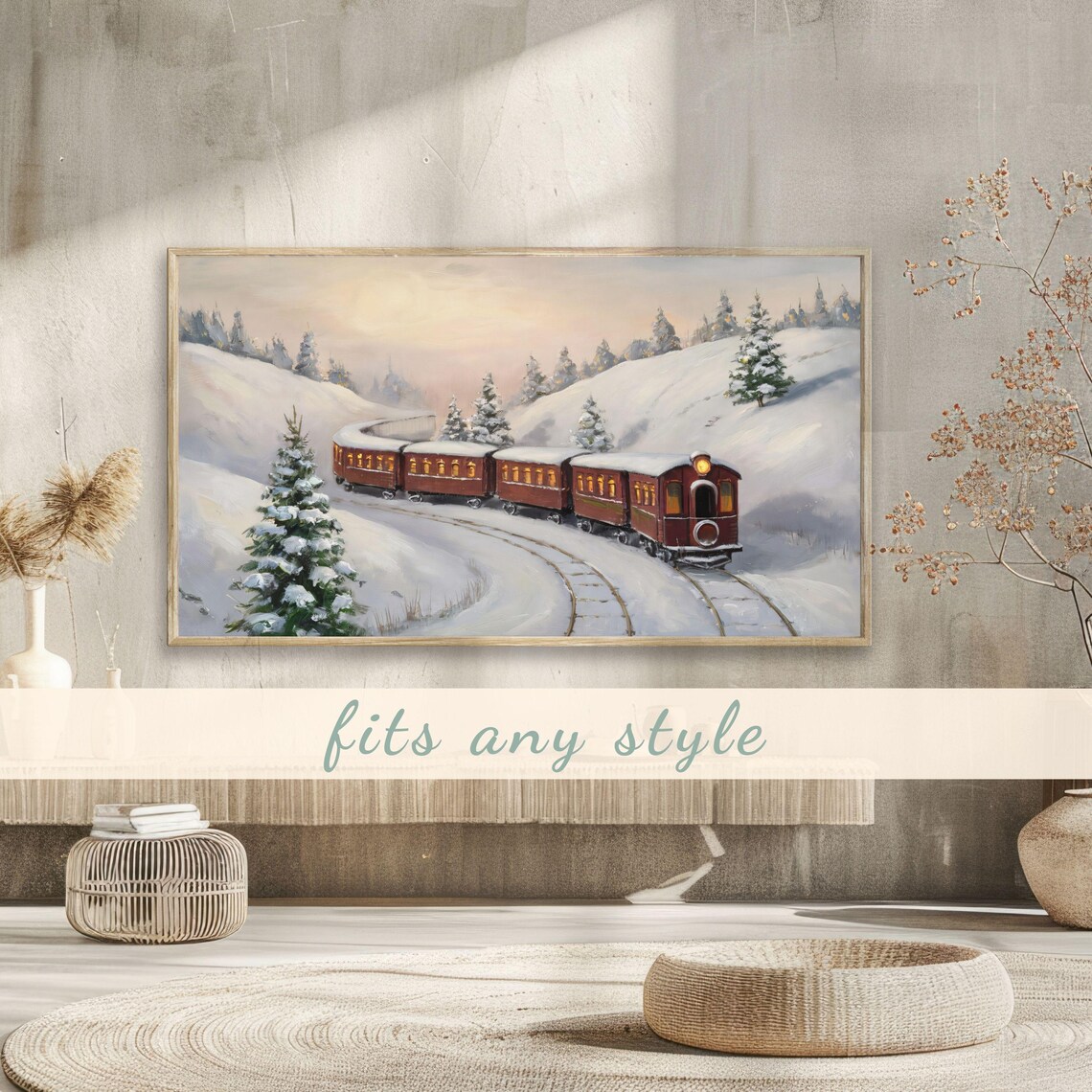 Vintage Train in Snowy Valley Winter Landscape Oil Painting Poster - Image 3