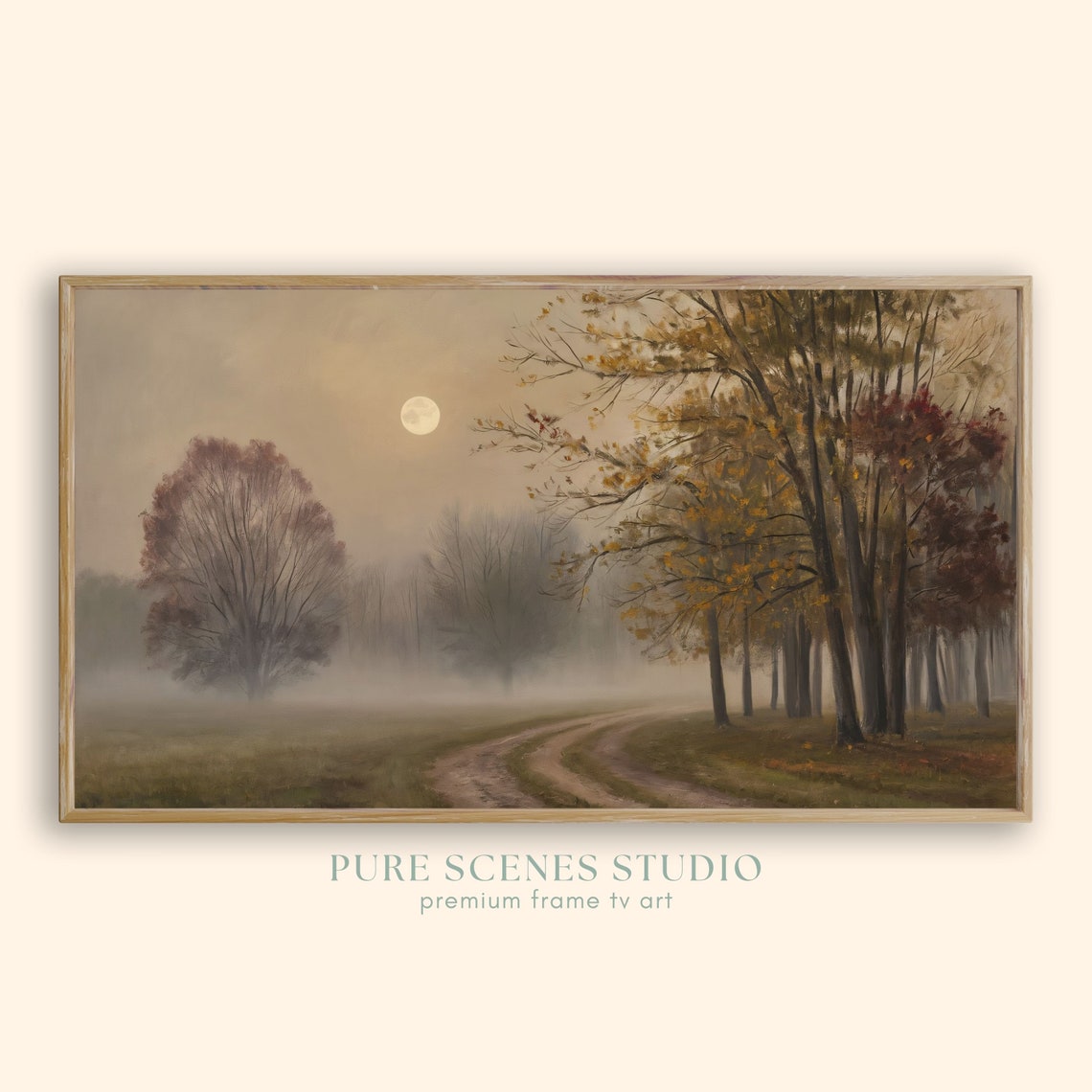 Moonlit Misty Autumn Forest Path Vintage Fall Landscape Poster