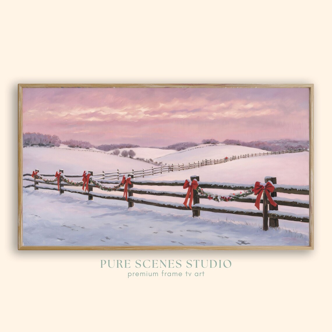 Snowy Field Split Rail Fence Red Bows Christmas Painting Poster