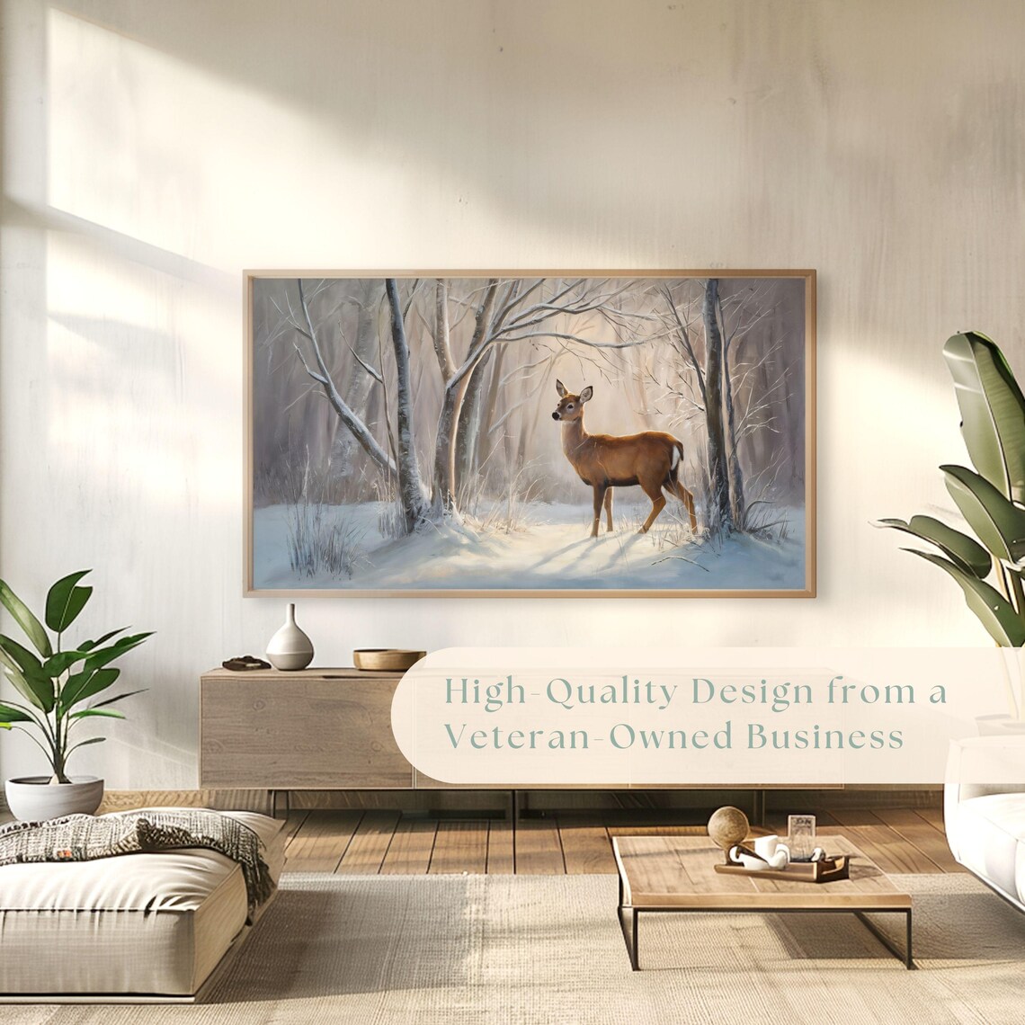 White Tailed Doe Snowy Birch Forest Morning Light Vintage Painting Poster - Image 4