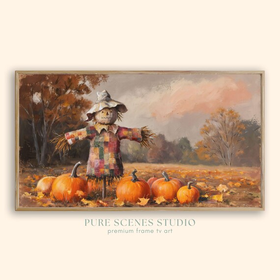 Patchwork Scarecrow Among Pumpkins Autumn Field Vintage Poster