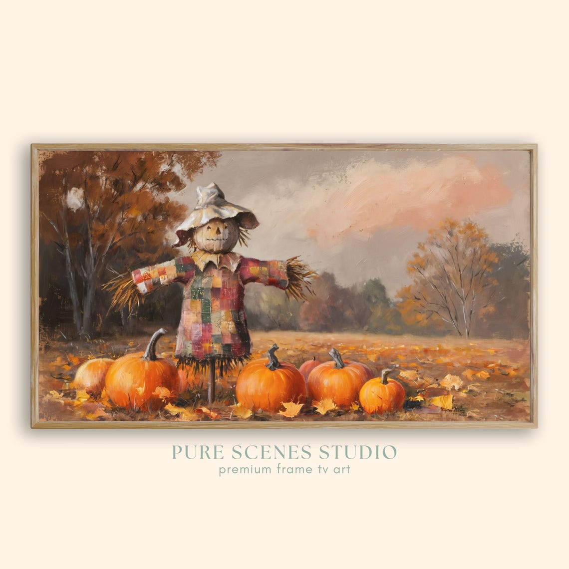 Patchwork Scarecrow Among Pumpkins Autumn Field Vintage Poster